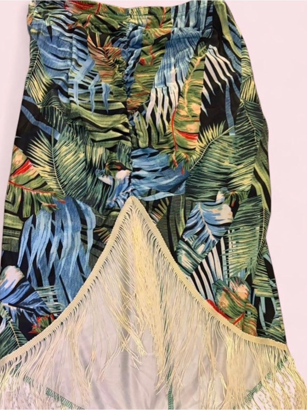 White Skirt with Tropical Stitching and White Fringe